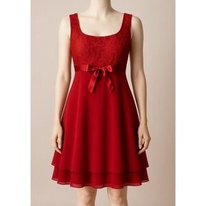 90s Babydoll Lace Overlay Sleeveless Dress With Satin Bow & Tiered Hem Size 5